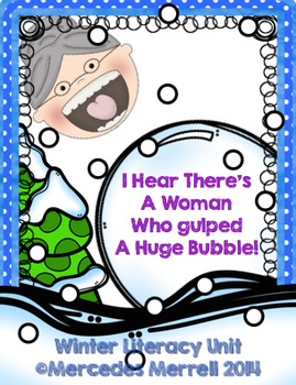 Preview of I Hear There's A Woman Who Gulped A Huge Bubble! Winter Literacy & Math Unit