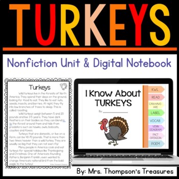 Preview of TURKEYS Nonfiction Mini Unit Graphic Organizers & Digital Notebook for Google™.