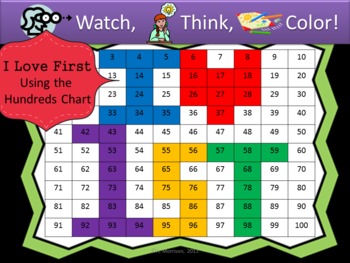 Preview of I Love First Hundreds Chart Fun - Watch, Think, Color Game!