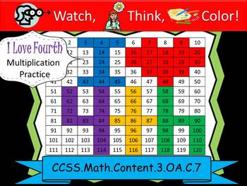 Preview of I Love Fourth Multiplication Practice - Watch, Think, Color! CCSS.3.OA.C.7