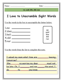 Preview of I Love to Unscramble Sight Words Workbook