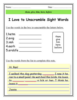 Preview of I Love to Unscramble Sight Words - them, give, him, here, before