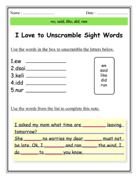 Preview of I Love to Unscramble Sight Words - we, said, like, did, run