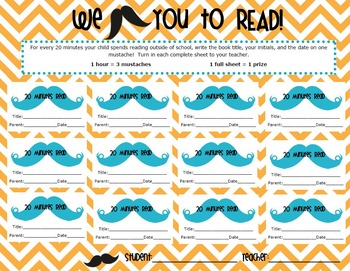 Preview of I Mustache You to Read! Reading Log for classroom OR media center 500 min