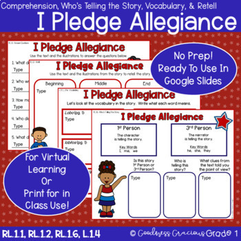 Preview of I Pledge Allegiance Retell, Comp., Who's Telling The Story & Vocabulary