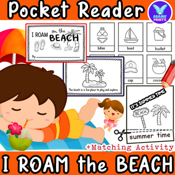 Preview of I ROAM on the BEACH Summer GAME Pocket Chart Match Vocab Kindergarten NO PREP