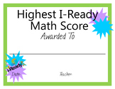 I Ready Highest Math Score Certificate EOY