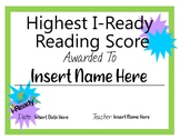 I Ready Highest Reading Score Certificate EOY