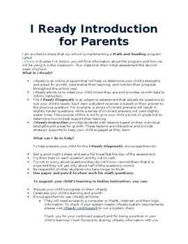 Preview of I Ready Letter to Parents IREADY