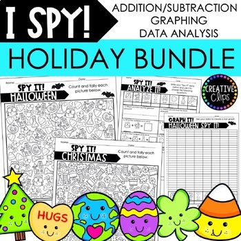 Preview of I SPY Holiday Bundle: Christmas Count and Color, Math and Graphing Activities