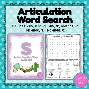 Preview of Articulation Word Search: ch, dj, sh, l, r, s, z, th, s-l-r blends
