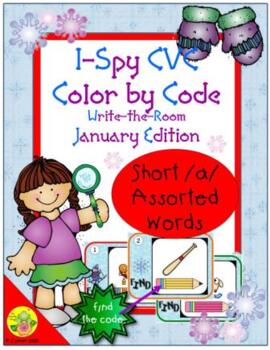 Preview of I-Spy CVC Color By Code Short /a/ Assorted Words Write-the-Room (January)