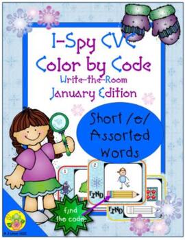 Preview of I-Spy CVC Color By Code Short /e/ Assorted Words Write-the-Room (January)