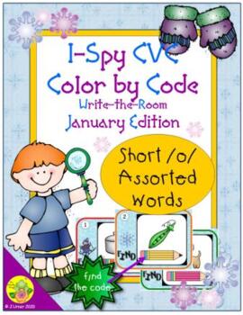 Preview of I-Spy CVC Color By Code Short /o/ Assorted Words Write-the-Room (January)