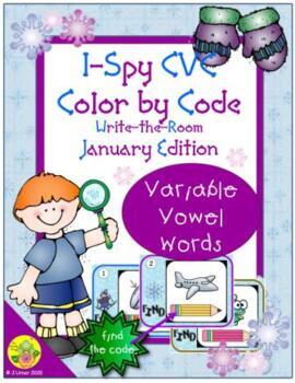 Preview of I-Spy CVC Color By Code Variable Vowel Words Write-the-Room (January)