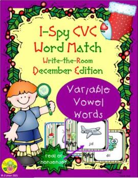 Preview of I-Spy CVC Real or Nonsense Word Match - Variable Vowel Words (December)