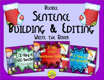 Preview of I-Spy CVC Sentence Building & Editing Bundle (December Edition) Variable Vowels