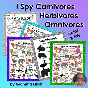 Preview of Animal Classification Worksheets Carnivores Herbivores and Omnivores I Spy Fun