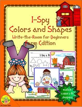 Preview of I-Spy Colors and Shapes Write the Room for Beginners (Farm Edition)
