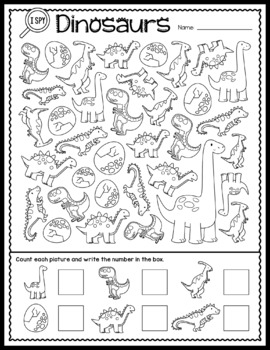 I Spy Dinosaurs - Finding and Counting Activity Worksheet by Owl Class Room