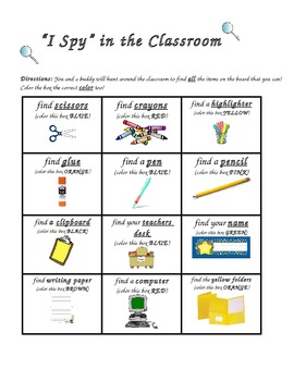 Preview of "I Spy" Getting to know your classroom- scavenger hunt