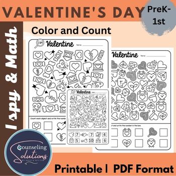 Preview of I Spy Math Worksheets for February | Valentine's Day Math Prek-2nd grade