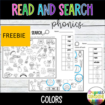 Preview of FREEBIE I Spy Phonics Worksheets, Hidden Pictures, Colors, Read and Find , CVC