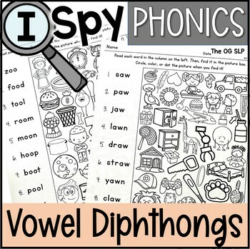 Preview of I Spy Phonics Worksheets - Vowel Diphthongs OO, OO, OU, OW, AU, AW, OI, OY