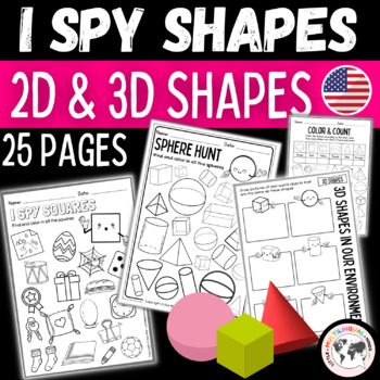 Preview of Identifying Shapes Worksheets: Spy Shapes, 3D 2D Shape Sort, Shape Hunt