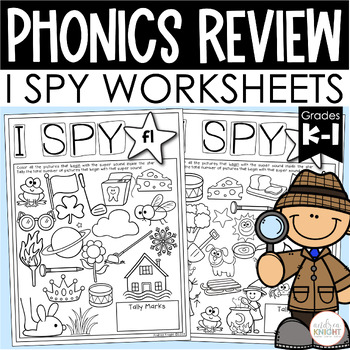 Preview of Phonics Skills Worksheets for K-1 Review - I SPY Blends, Digraphs, and Vowels