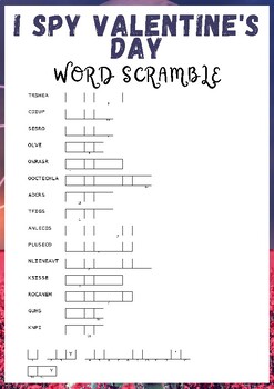 Preview of I Spy Valentine's Day No Prep Word scramble puzzle worksheet activity
