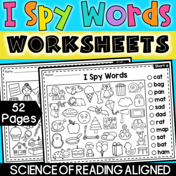 Preview of I Spy Worksheets - Phonics Worksheets - CVC, Long Vowels, Digraphs and more!