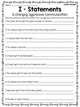 I Statement Worksheet Changing Aggressive Communication by Coconut