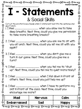 I Statement Worksheet Practicing Social Skills by Coconut Counselor