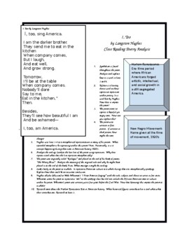 Preview of I, Too by Langston Hughes Close Reading Poetry Analysis for students