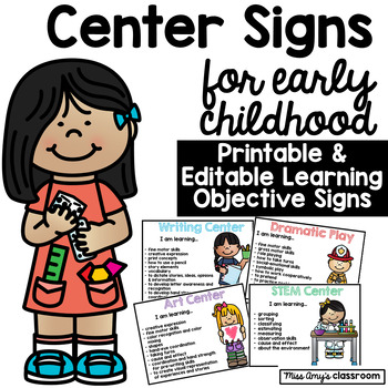 Preview of Preschool, PreK, Kindergarten Center Signs With Learning Objectives (Editable)