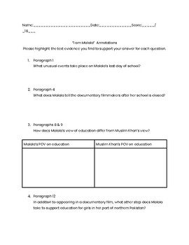 Preview of I am Malala Annotations *STUDYSYNC*