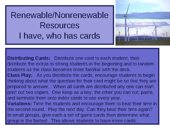 Preview of I have, Who Has - Renewable and Nonrenewable Resources flashcards