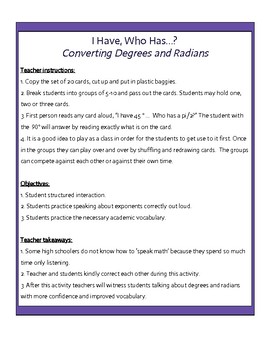 Preview of I have who has? Converting Degrees to Radians on the Unit Circle.