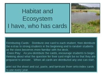 Preview of I have, who has Habitat and Ecosystems flashcards