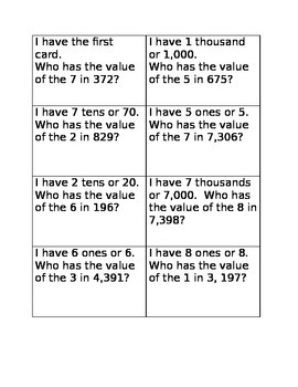 Preview of I have who has place value game one