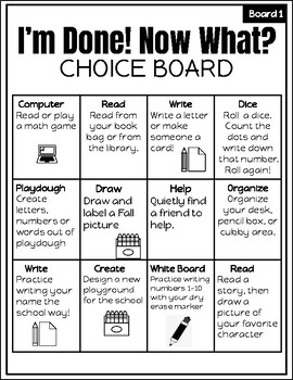 Preview of I'm Done, Now What? Choice Board