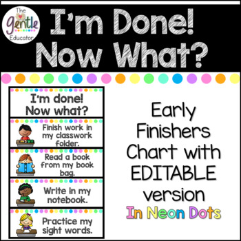 Preview of I'm Done! Now What? - Early Finishers Chart with EDITABLE versions (Neon Dots)
