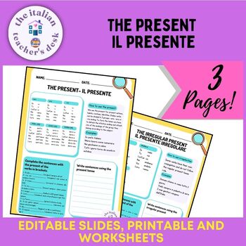 Preview of Italian present tense : editable printable worksheets b&w version 9th-10th grade