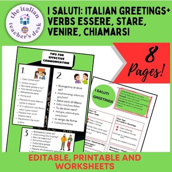 Preview of Greetings+ verbs essere,stare,venire,chiamarsi. Printable, worksheets, 9th-10th