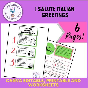 Preview of I saluti: italian greetings. Printable worksheets canva editable 9th grade