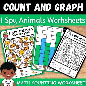 Preview of I spy Animals: count, write how many and graph math worksheets for kindergarten.
