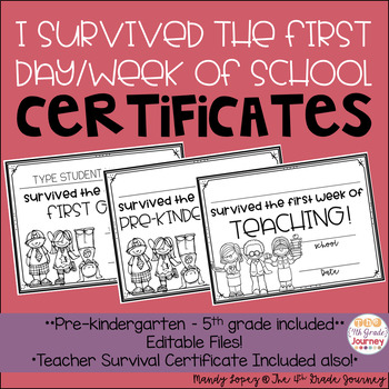 Preview of I survived the first day/week of school certificates: EDITABLE!