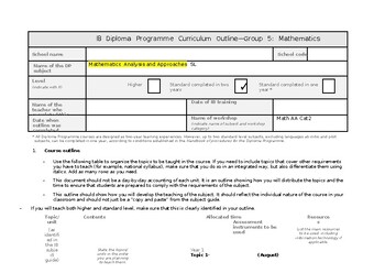 Preview of IB Diploma Course Outline Math AA SL