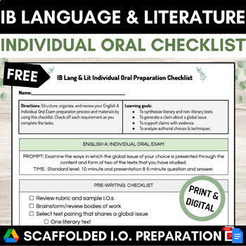 Preview of IB English A Language and Literature Individual Oral Exam Checklist (IO) FREE